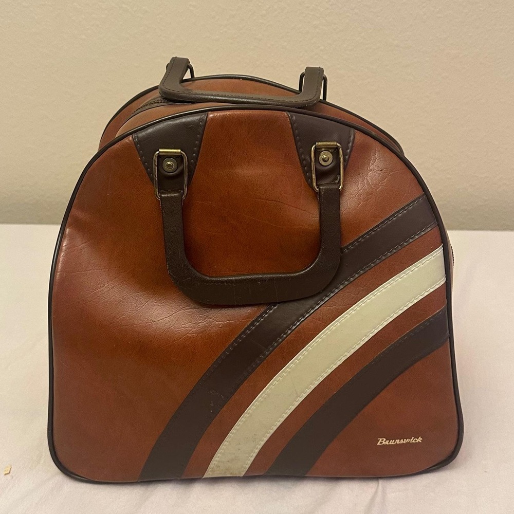Vintage Brunswick Bowling Bag Brown Faux Leather Retro Racing Stripe Single Ball